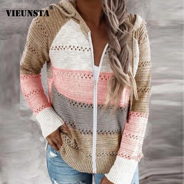 

autumn winter patchwork sweater women zipper hollow out knitted hooded sweater fashion striped long sleeve pullover jumper y200910, White;black
