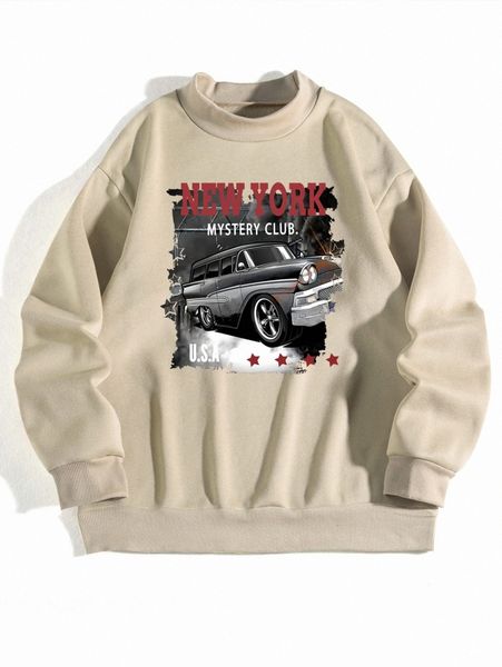 

letter & car print mock neck thermal pullover p2k4#, White;black
