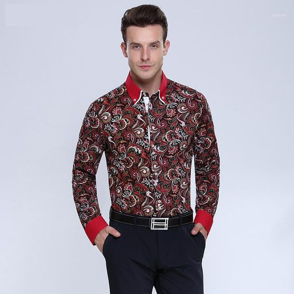

2020 fahion men shirt italian style slim fit men printed shirts long sleeve shirt flower printing turn-down collar shirts1, White;black