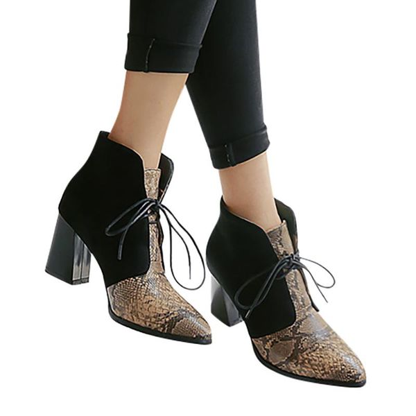 

boots fashion european style snake grain winter pointed toe lace-up square root heels ladies vintage women, Black