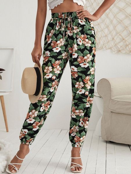 

knot waist floral print pants d9j2#, Black;white
