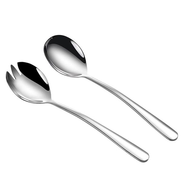 

2pcs stainless steel salad spoon salad fork serving flatware (silver)