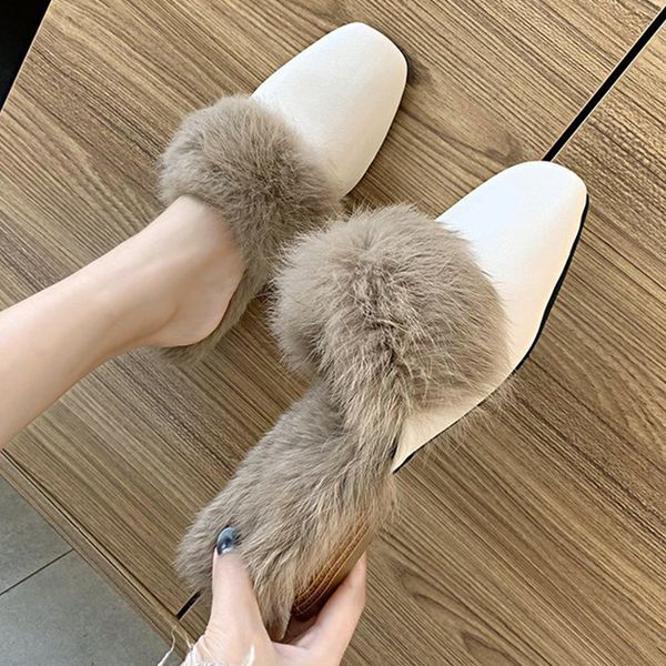 

winter temperament plush low-heeled slippers set keep warm foot vacation solid outdoor comfortable casual slippers women shoes, Black
