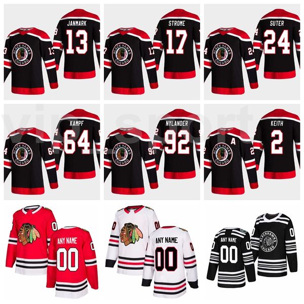 

chicago blackhawks reverse retro hockey jersey 44 lukas reichel 2 duncan keith 17 dylan strome 92 alex nylander 64 david kampf all stitched, Black;red