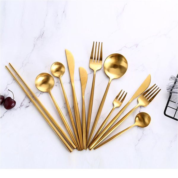 

gold cutlery steak knife fork coffee spoon teaspoon butter knives dessert fork spoon chopsticks stainless steel dinner bbymsz
