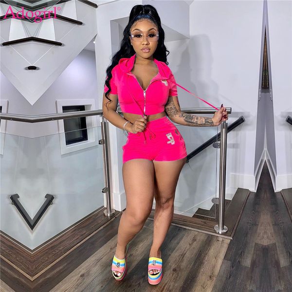 

adogirl letter diamonds women casual two piece set summer zipper short sleeve hooded sweatshirt crop shorts female tracksuit t200519, White