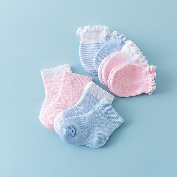

4pairs newborn baby gloves socks sets protection face newborn baby mittens anti-scratch cotton striped breathable elastic gloves y201009, Pink;yellow