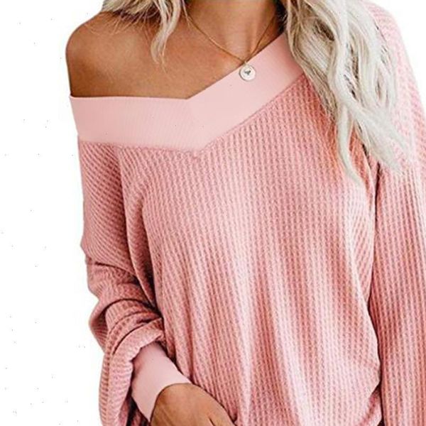 

v neck knitted sweaters autumn thin long sleeve knitwear waffle pullover one shoulder off loose sweater jumper wdc3290, White;black