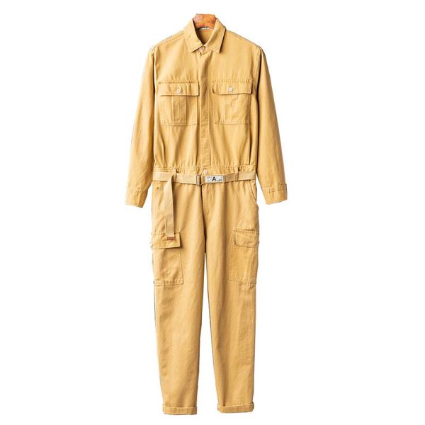 

men's long sleeve multi pockets cargo jumpsuits with belt casual turn down collar overalls khaki black, Blue
