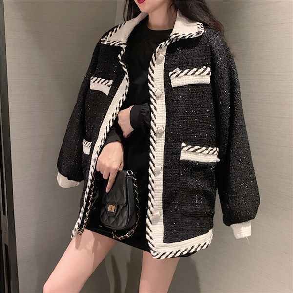 

2021 autumn winte women outerwear vintage fashion designer tweed single-breasted casual loose jacket outer korean clothes, Black;brown