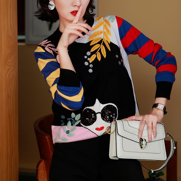 

winter new contrast striped sleeve embroidery leaves beaded sequins sunglasses girls knit sweater lj201126, White;black