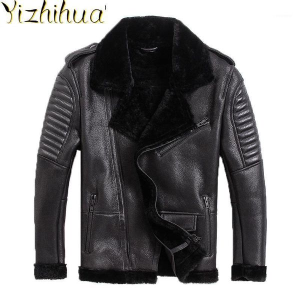 

azazel genuine leather jacket men winter sheepskin coat warm motorcycle sheep shearling jacket man wool lining coats kj29241, Black