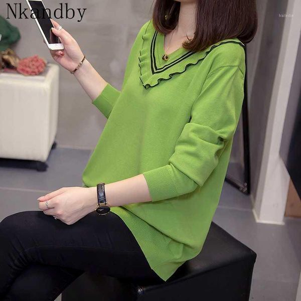 

plus size pullovers women sweaters 2020 autumn winter ruffles patchwork v neck knitted oversized casual loose korean jumper1, White;black