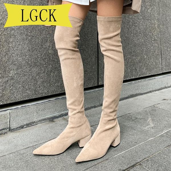 

boots plus size 34-43 women warm fur winter slim stretch knee high ladies long shoes over the boot, Black