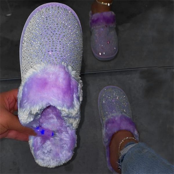 

fashion classic winter warm soft fur slippers for women female slippers solid color house shoes with crystal indoor bedroom x1020, Black