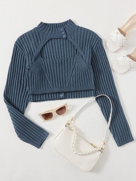 

button front rib-knit cardigan with camisole v2up#, White