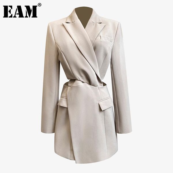 

eam] women apricot knot split joint temperament dress new lapel long sleeve loose fit fashion tide spring autumn 2021 1da694, Black;gray
