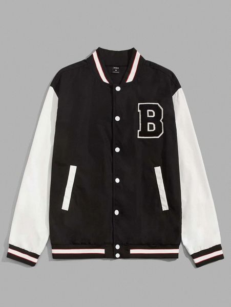 

men color block letter patched striped trim bomber jacket d3pa#, Black;brown