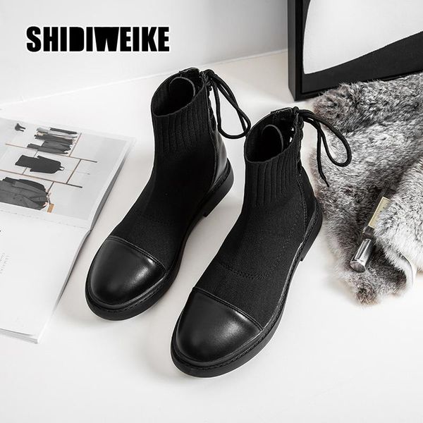 

boots women knit stitching ankle pu stretch boot fashion riding female autumn winter black high fabric v885