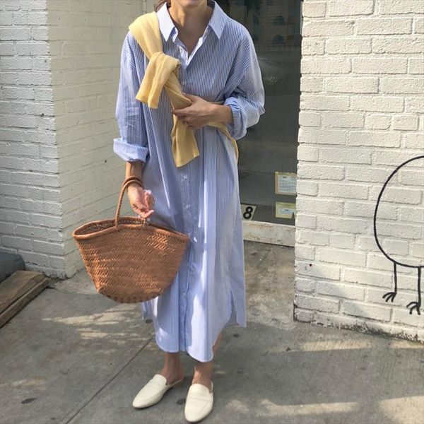 

women spring turn down collar striped long shirt dress long sleeve oversized single breasted split straight dresses, Black;gray