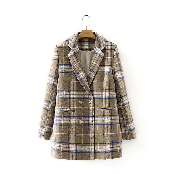 

puwd vintage woman drop plaid wool blazer 2020 fashion ladies oversized female jacket double breasted jackets, Black;brown