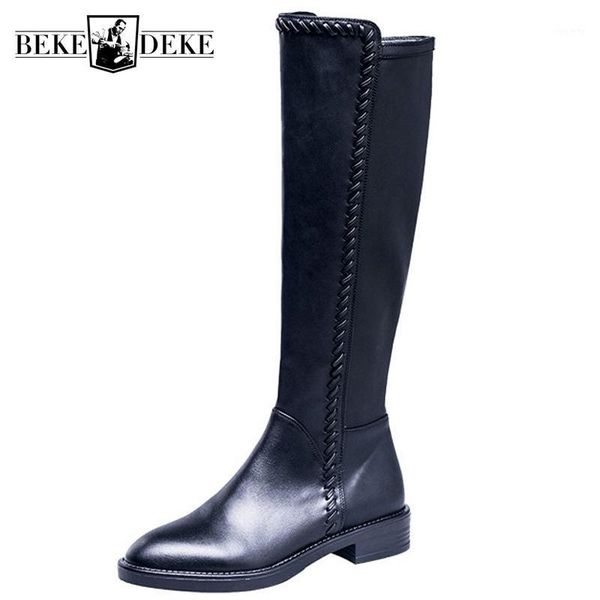 

2020 new women winter knee high knight boots low heels genuine leather riding boots fleece lining warm casual motorcycle shoes1, Black