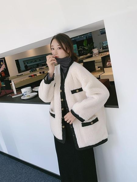 

women's fur & faux korean lamb coat v-neck single breasted loose thickened fleece leather patchwork jacket autumn winter women jacket1, Black