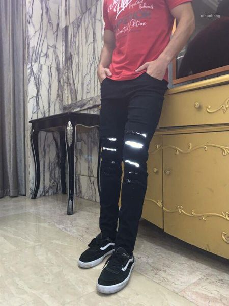 

goocheer 2020 new hip hop reflect light men's high street jeans fashion casual slim fit elastic denim skinny jeans1, Blue