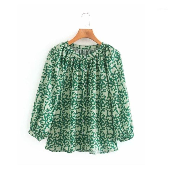 

women leaf printing o neck shirt casual loose smock femme nine quarter sleeve blouses lady blusas s76911, White