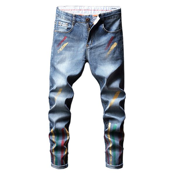 

мужская модная уличная одежда цветные окрашенные голубые джинсовые джинсы повседневная стройная подходящая подходит тощий стрейч карандаш му, Blue