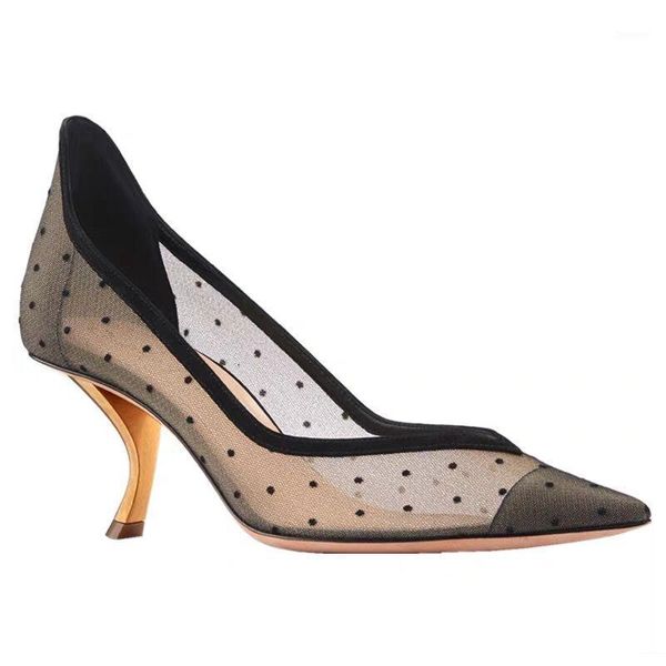 

woman pointed toe cat heels pumps polka dot female shallow party shoes designer mesh lace high heel pumps 6.5 cm size 421, Black