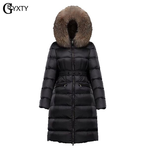 

gbyxty feather parka mujer 2020 winter women slim belt duck down jacket brand real fox fur collar hooded long down jacket za2265 c1204, Black