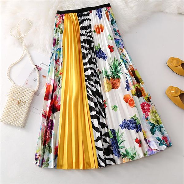 

cartoon long pleated skirt women europen style high waist skirt 2021 spring summer high street midi skirts elastic waist a line, Black