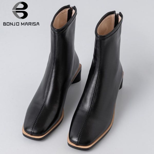

boots bonjomarisa 31-43 brand platform booties ladies black square toe ankle women 2021 fashion med heels shoes woman