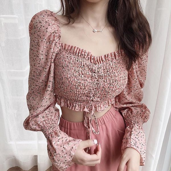 

print floral pink elegant chiffon crop blouse female autumn office lady long sleeve korean style clothes women 20201, White