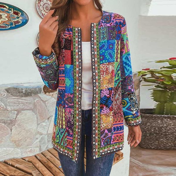 

autumn women vintage ethnic style floral print long sleeve plus size cotton jacket coat cotton overcoat loose coat woman jacket, Black;brown