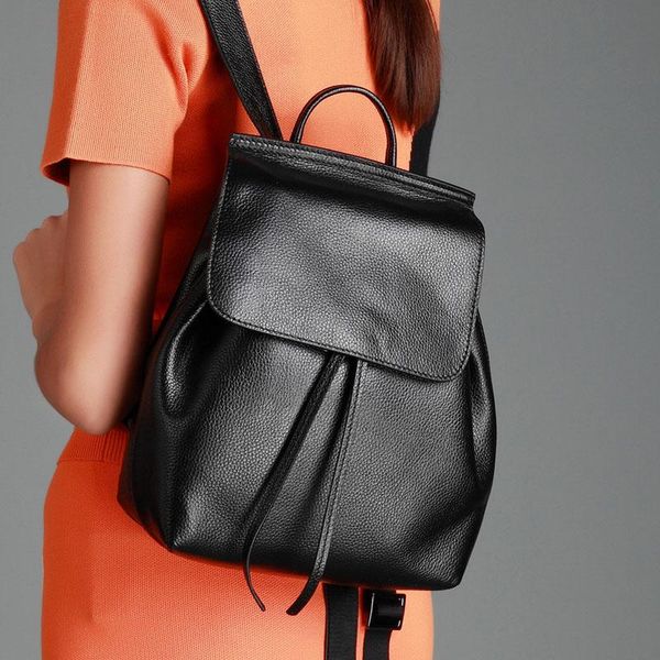 

backpack style 2021 leisure solid drawstring backpacks fashion brand designer women bagpack small cow genuine leather school bags for girls