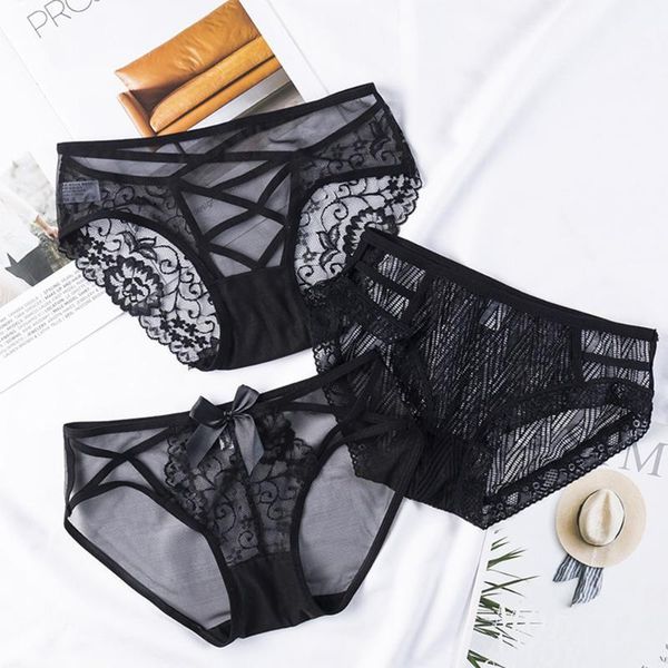 

black lace hollow out panties women transparent low waist ultra-thin mesh seamless briefs cotton crotch exotic lingerie1, Black;pink