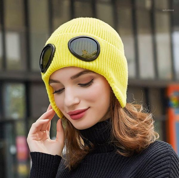 

autumn fashion hat with glasses women winter pilot aviation beanie knit korean knitted orange black pink head warmercap1, Blue;gray