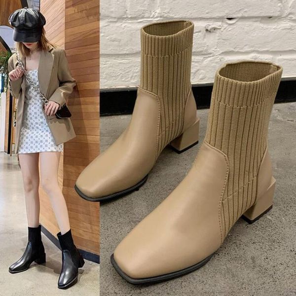 

boots ankle women shoes fashion square heel pu toe stretch socks 2021 autumn style short d516, Black