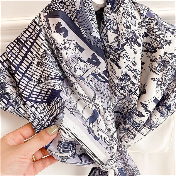 

silk neck scarf satin head scarf female silk hand rolled scarf 90 digital print woman neck foulard luxe headwrap, Blue;gray