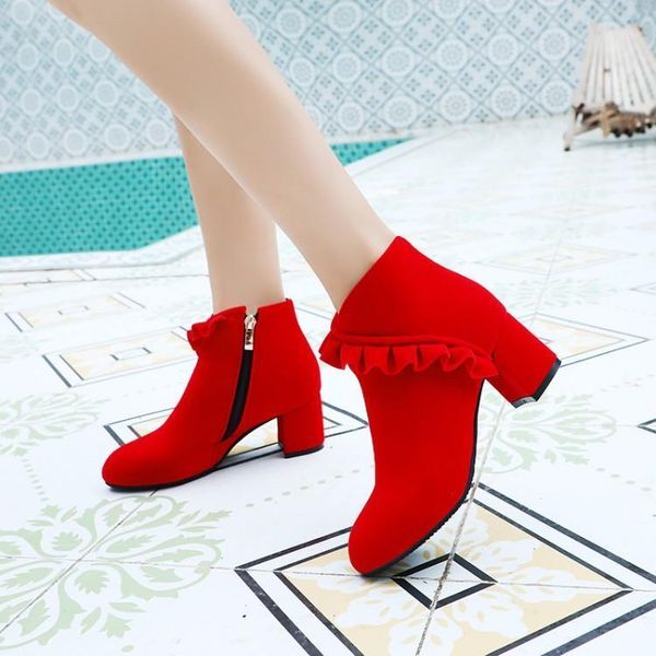 

pxelena sweet cute ladies ankle boots ruffles red black chunky block high heels short boots women shoes party dress office flock1