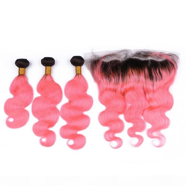 

body wave #1b pink ombre peruvian human hair weave bundles 3pcs with 13x4 lace frontal closure pink ombre virgin hair weft extensions, Black;brown