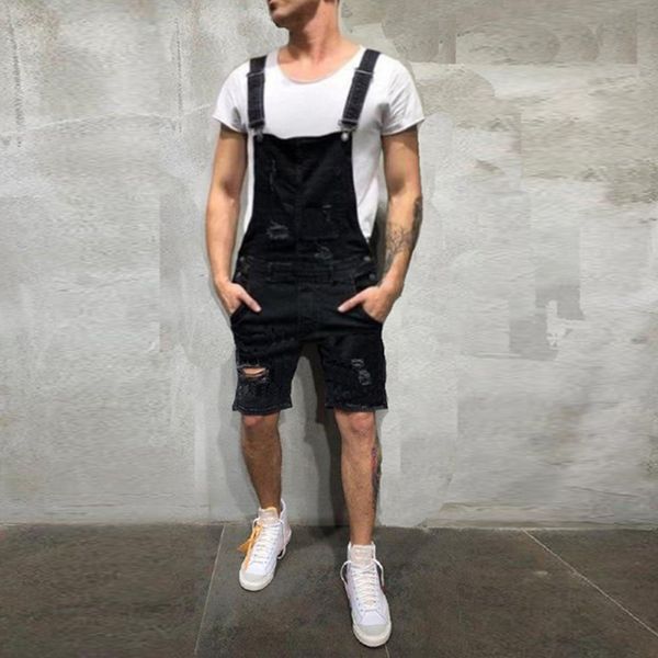

summer high street distressed denim overalls male large size fashion men's ripped jeans jumpsuit shorts, Blue