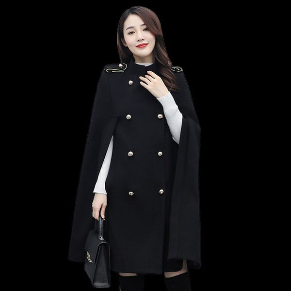 

2021 new long jacket female double breasted military oversized streetwear wool british style handle work party poncho coat by7e, Black