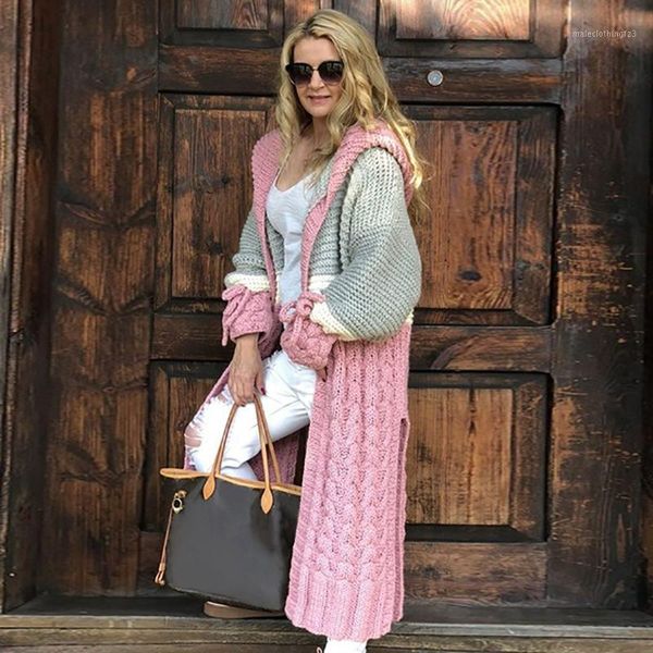 

women's knits & tees women hooded long cardigan patchwork winter warm sweater female sleeve candy color knitted open stitch coat outwea, White