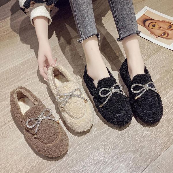 

women moccasin shoes round toe loafers fur platform slip-on casual female sneakers modis all-match winter new moccasins, Black