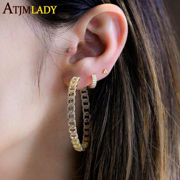 

2021 New Popular Simple Cuban Link Chain Hoop Earring For Women Semi Circle Statement Earring Iced Out Sparking 5A Cz Brincos, Golden;silver