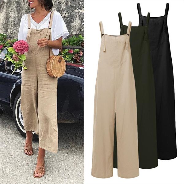 

vintage jumpsuits women sleeveless straps overalls summer wide leg trousers solid linen romper casual long pants 5xl, Black;white