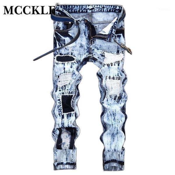 

wholesale- mcckle embroidery lightblue mens fashion jeans pants distressed denim motorcycle designer pants streetwear patch man jeans1, Blue